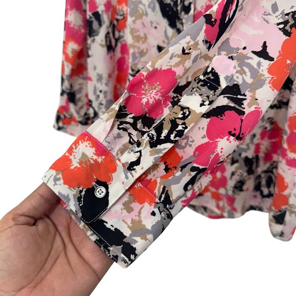Chaus New York Floral Button-Down Blouse SZ L PinkOrange Lightweight Long Sleeve - Picture 10 of 12